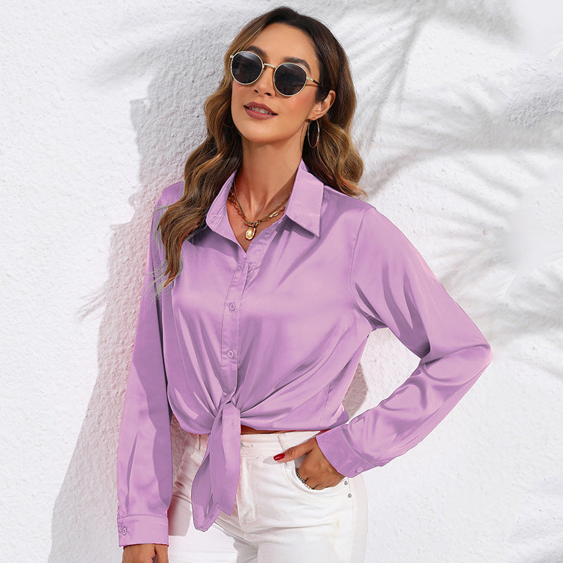 Hot New Items at Buy Center: Women's Solid Color Satin Satin Long Sleeve Blouse Violet