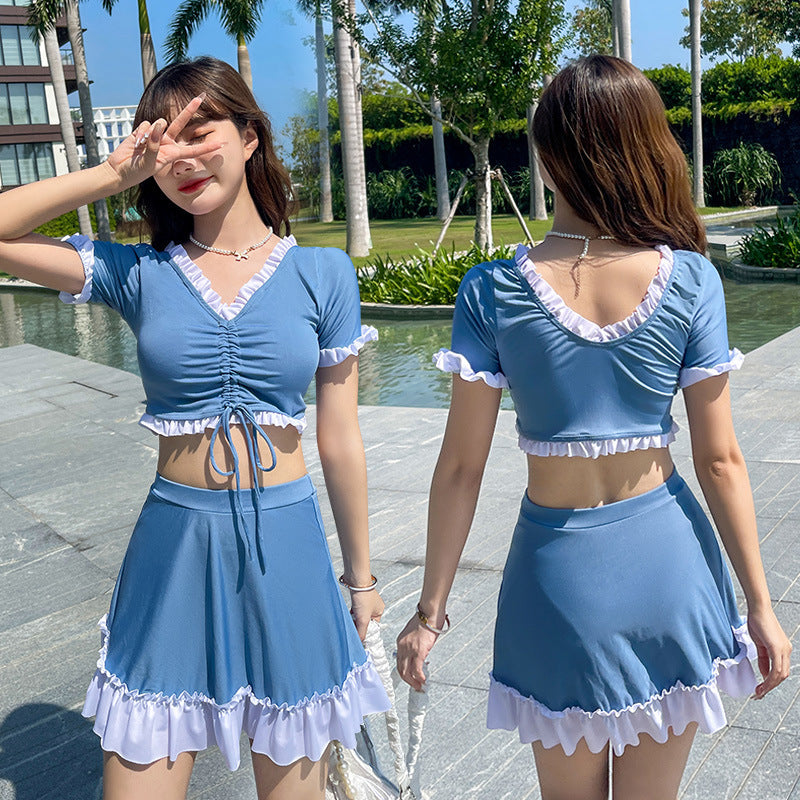 Fresh Arrivals at Buy Center: Swimsuit Female Skirt Style Split Conservative High Waist Blue 8331