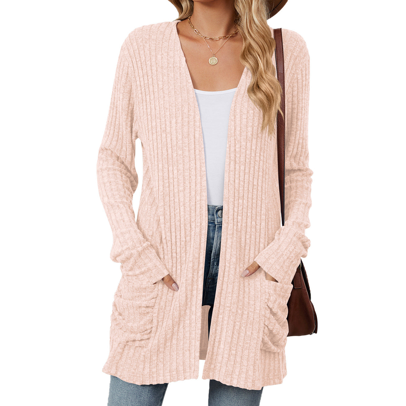 Just Arrived at Buy Center: Solid Color Pocket Long Sleeve Bottoming Cardigan Knitwear Pink