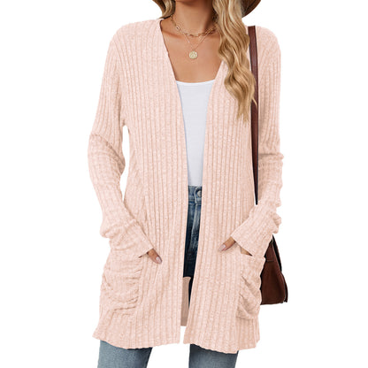 Just Arrived at Buy Center: Solid Color Pocket Long Sleeve Bottoming Cardigan Knitwear Pink