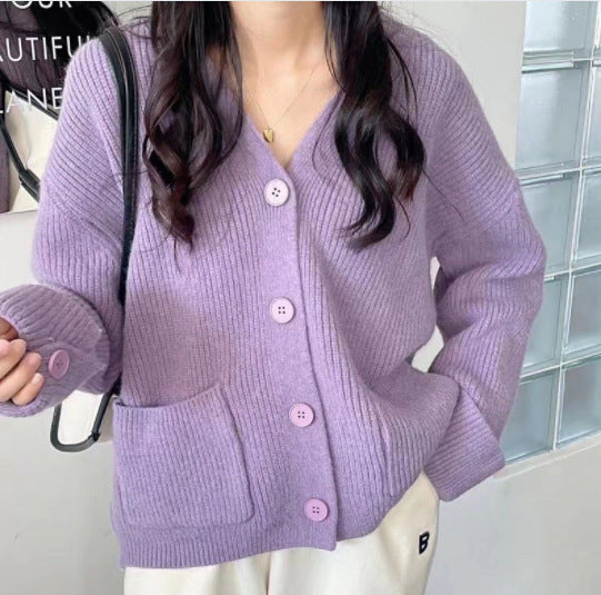 Newly Released at Buy Center: Korean Style Solid Color And V-neck Pocket Knitted Cardigan Sweet Cuff Sweater Coat Purple Free Size