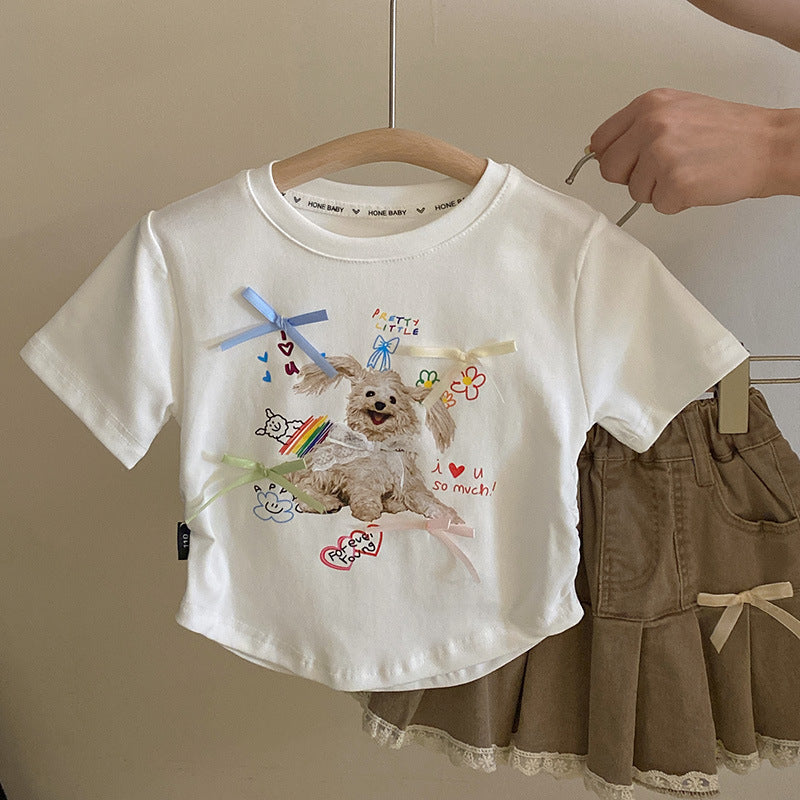 Newly Arrived at Buy Center: Cute Cartoon Puppy Bow Short Sleeve T-shirt Lace Edge Denim Skirt White Short Sleeve