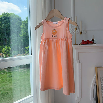 Newly Released at Buy Center: Girls' Vest Dress Fruit Printed Cotton Princess Dress Pink Little Orange Girl