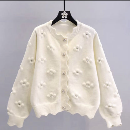 Just Arrived at Buy Center: Three-dimensional Beaded Small Flower Sweater Coat Japanese College Style Western Style Youthful-looking Knitted Cardigan