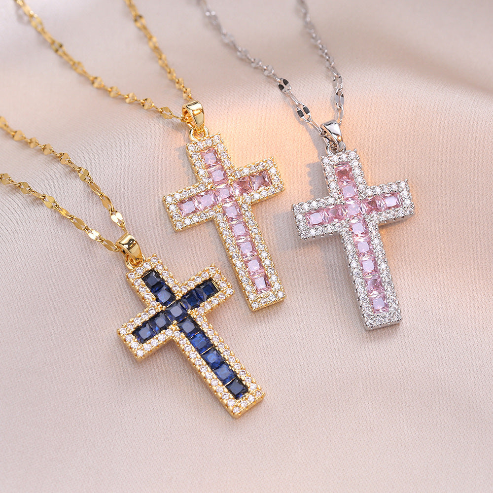 Trending Now at Buy Center: Women's Cross Simple Fashion Titanium Steel Inlaid Color Zircon Fashion Necklace