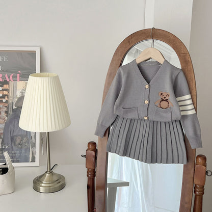 Newly Released at Buy Center: Children's College Popular Cardigan Skirt Two-piece Set Bear Gray