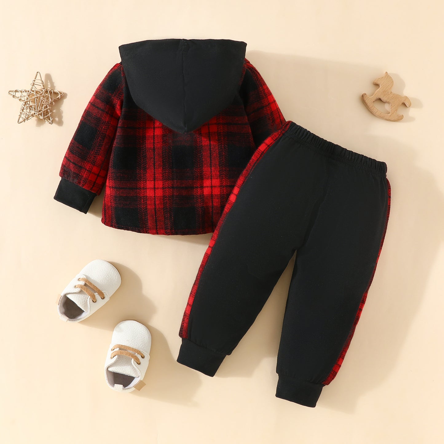 Newly Released at Buy Center: Toddler Baby Boy Classic Plaid Hooded Long Sleeve Shirt Contrast Color Trousers Suit