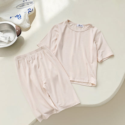 Hot New Items at Buy Center: Modal Children's Pajamas Short-sleeved Thin Bellyband Homewear Suit Milk Apricot