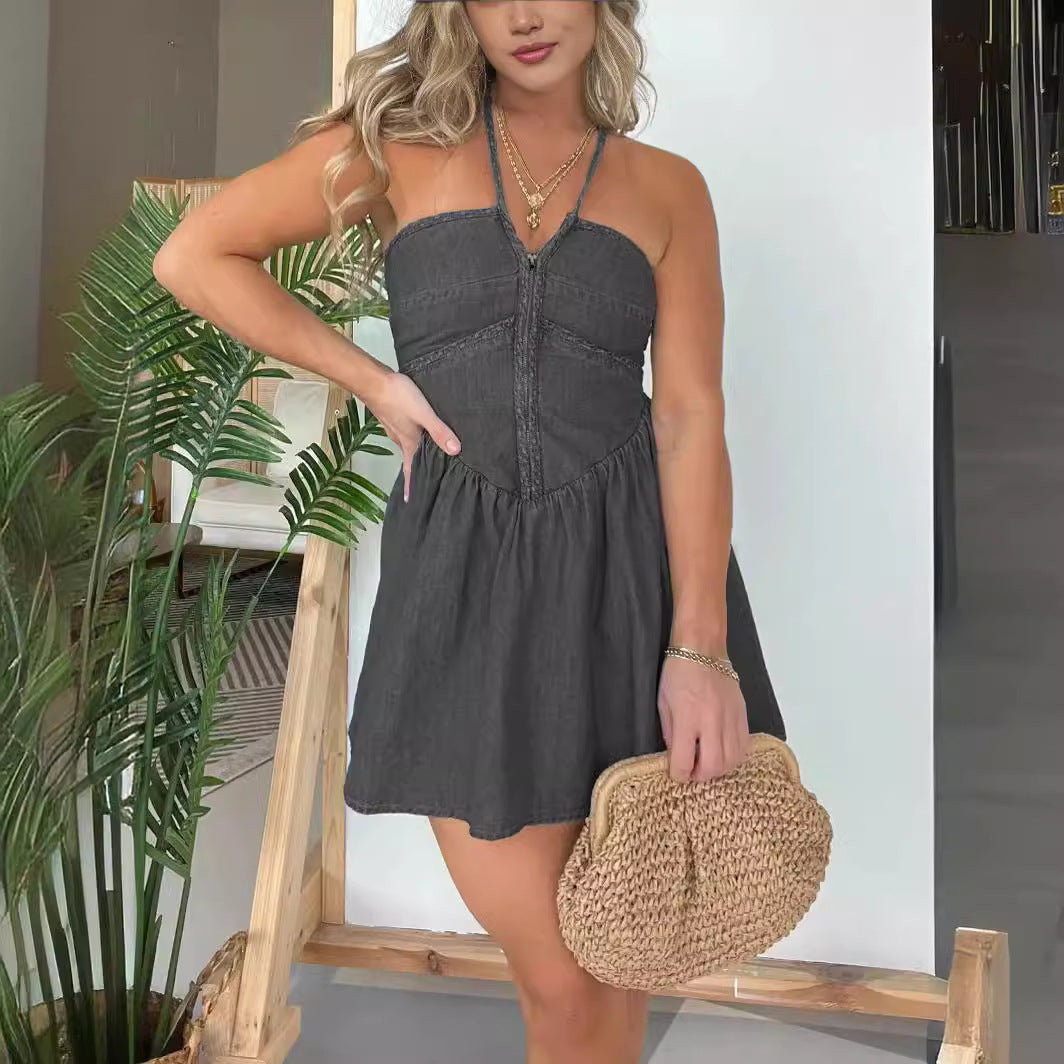 New Fashion Women's Halter Denim Dress Black