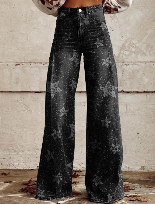 Just Arrived at Buy Center: Wide-legged Pants Thermal Transfer Bell-bottom Pants Simulation Denim Trousers MR1123