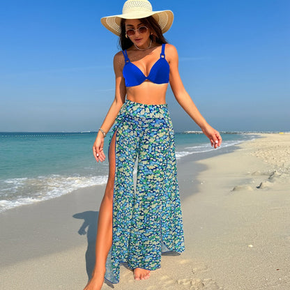 Just Arrived at Buy Center: Swimsuit Women's Bikini Pants Three-piece Suit Sapphire Blue Floral Suit