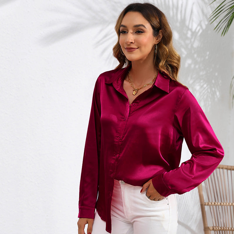 Hot New Items at Buy Center: Women's Solid Color Satin Satin Long Sleeve Blouse Wine Red