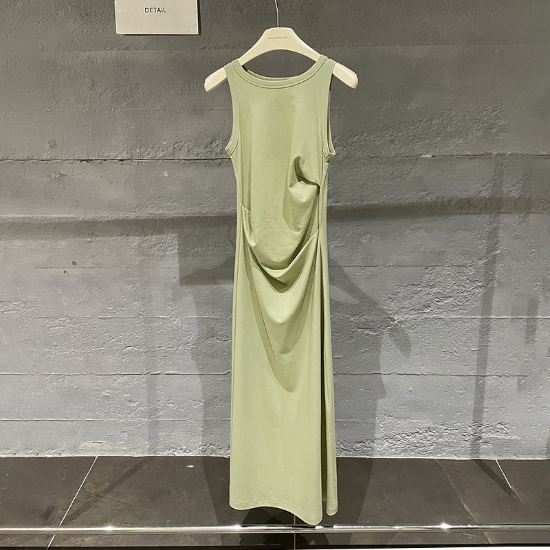 Just Arrived at Buy Center: Design Sense Slim Slimming Pleated Long Dress Vanilla Green