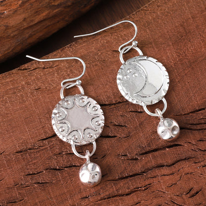 Fresh Arrivals at Buy Center: Geometric Round Sun Moon Print Earrings Fashion Ancient Silver Pair