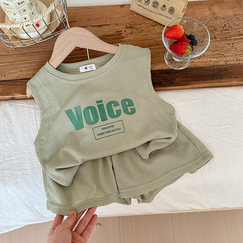 Hot New Items at Buy Center: Korean Style Ins Infant Children's Clothing Summer Sleeveless Vest Shorts Suit Letter Printing Grass Green