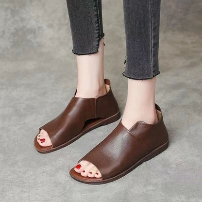 Fresh on the Scene at Buy Center: New Handmade Flat Soft Leather Soft Bottom Cover Heel Roman Shoes Dark Brown