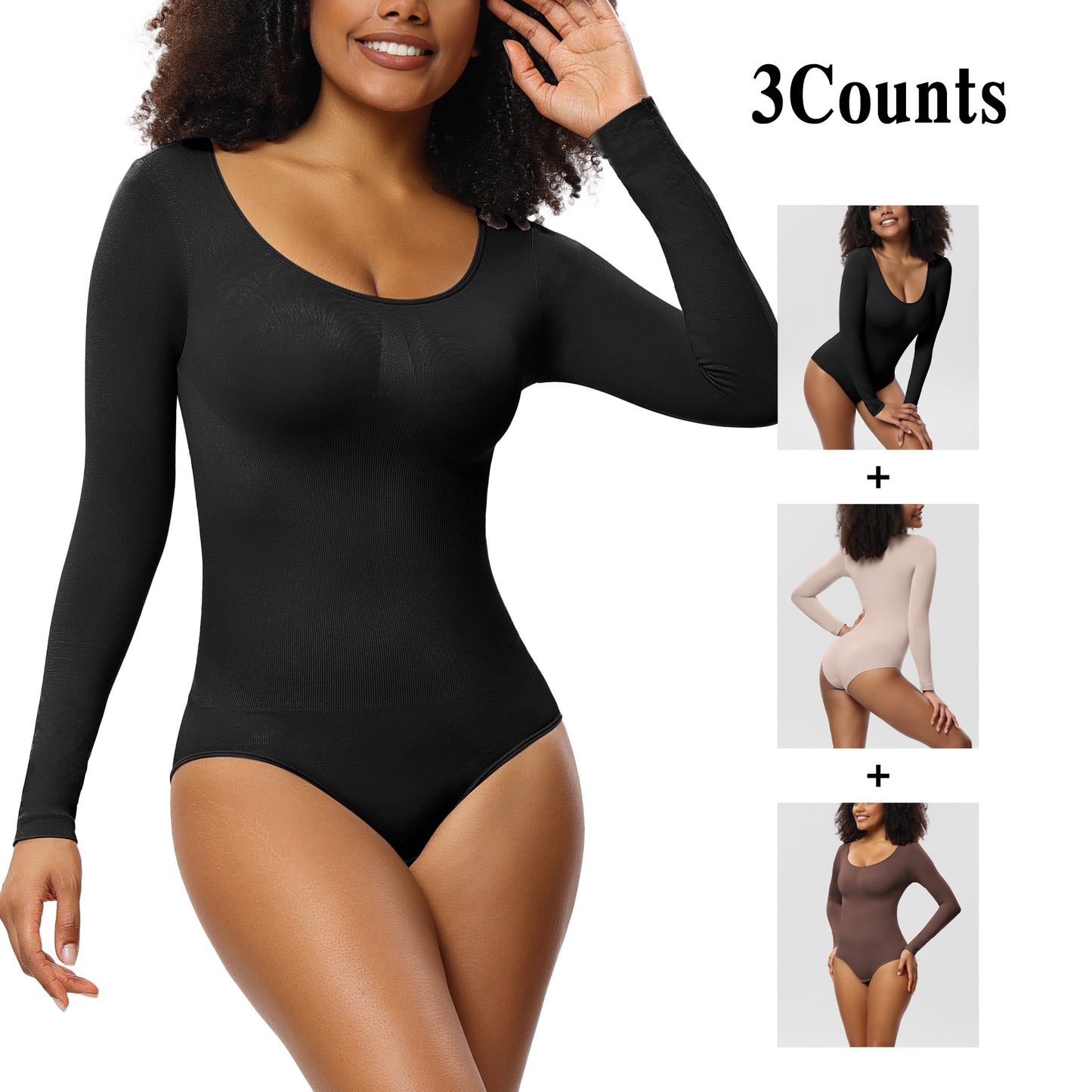 New Jumpsuit Women's Bottoming Shirt Long Sleeve Corset One-piece Corset Black Skin Brown 3PCs Set