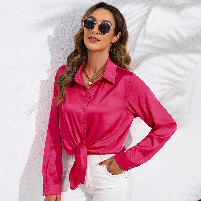 Hot New Items at Buy Center: Women's Solid Color Satin Satin Long Sleeve Blouse Rose Red