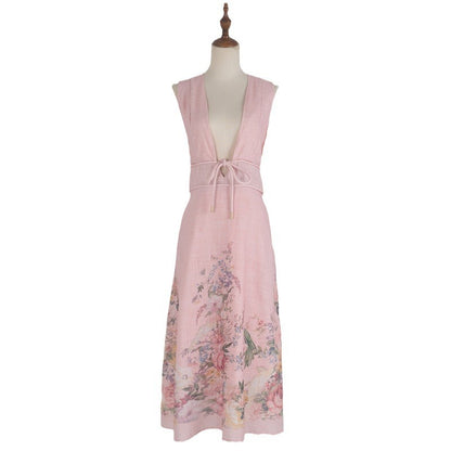 Hot New Items at Buy Center: Deep Design V-neck Pink Positioning Printing Sleeveless Holiday Fashionable Cotton And Linen Dress