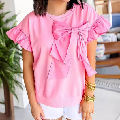 New Women's Contrast Color Bow Ruffle Sleeve Top Pink