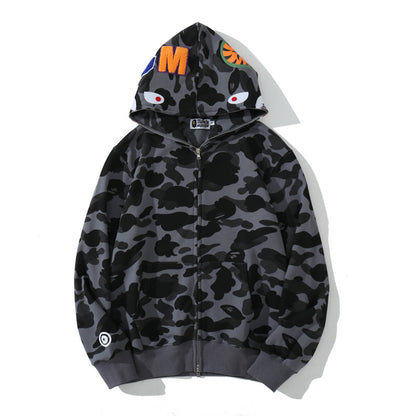 Fresh Arrivals at Buy Center: Classic Shark Camouflage Hooded Cardigan Zipper Terry Gray