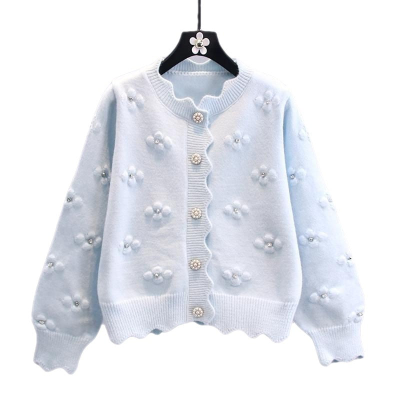 Just Arrived at Buy Center: Three-dimensional Beaded Small Flower Sweater Coat Japanese College Style Western Style Youthful-looking Knitted Cardigan