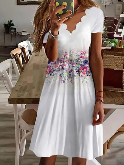 Newly Released at Buy Center: Printed Fluted Collar Short Sleeve Mid-length Dress White