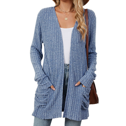 Just Arrived at Buy Center: Solid Color Pocket Long Sleeve Bottoming Cardigan Knitwear Colorful Blue