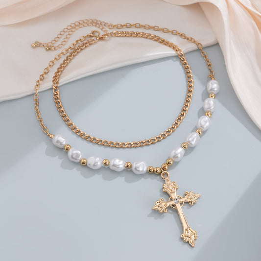 New Fashion Cross Pearl Necklace Suit