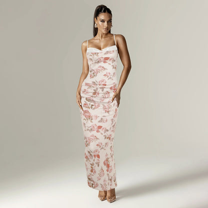 Fresh Arrivals at Buy Center: Floral Print Slit Suspenders Dress Waist-tight Apricot