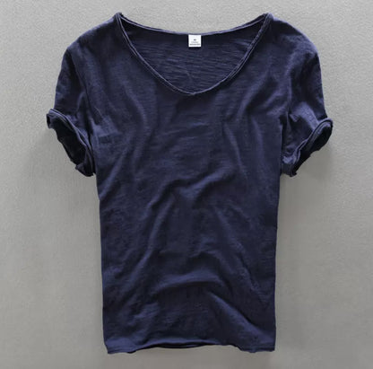 Newly Released at Buy Center: Simple Solid Color T-shirt Slub Cotton Men's Short-sleeved T-shirt Navy Blue V Neck