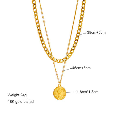 Simple Double-layer Chain Queen Portrait Round Plate Pendant Accessories Premium Retro Necklace