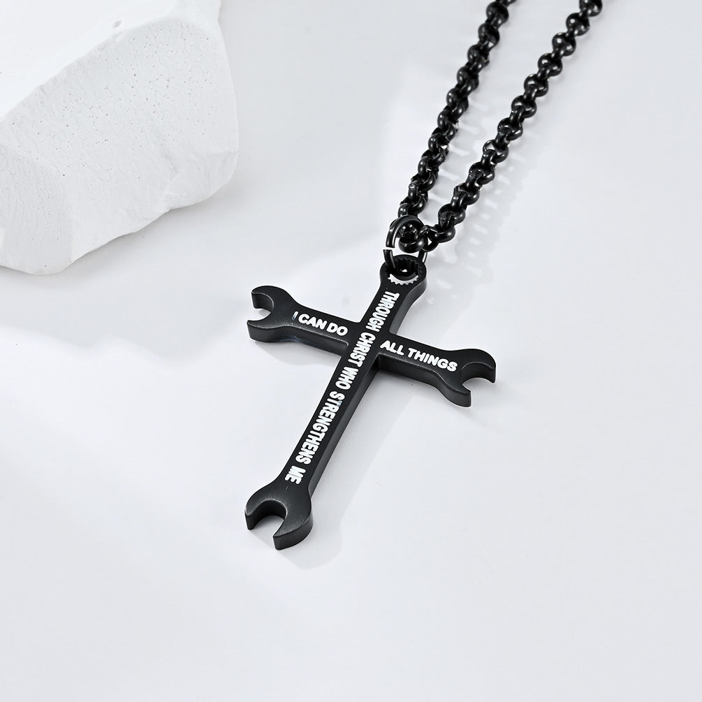 Just Arrived at Buy Center: Men's Titanium Steel Glossy Wrench Cross Necklace Black