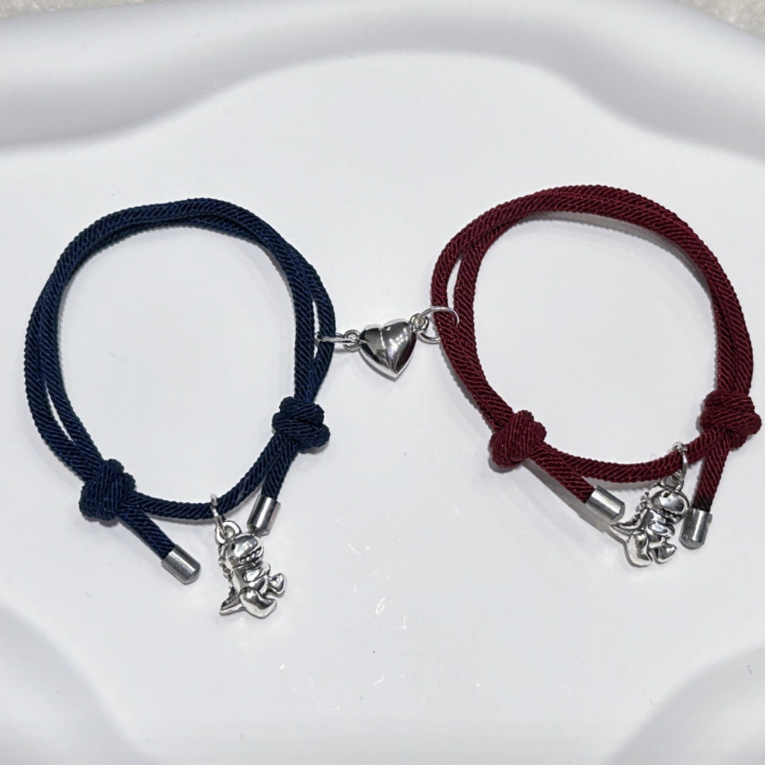 Hot New Items at Buy Center: Creative Cute 3D Little Dinosaur Pendant Love Magnetic Snap Suction Couple Bracelet Wine Red Navy Blue