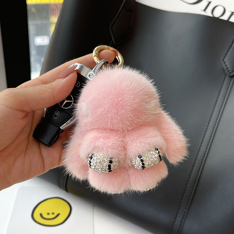 Porte-clés pendentif lapin rouge mignon en peluche de vison