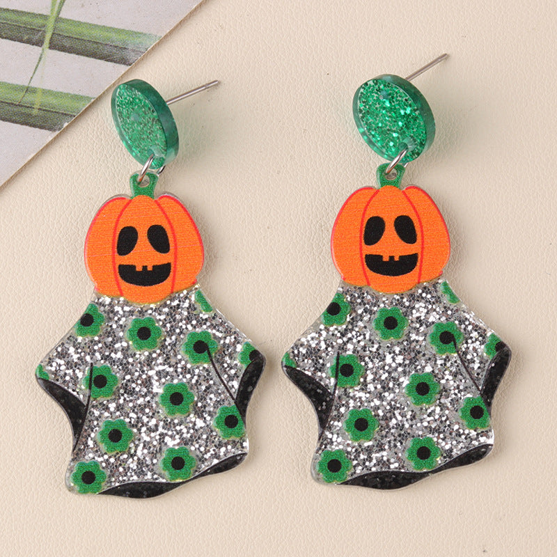 New Halloween Series Acrylic Earrings For Women Green Flower Pumpkin