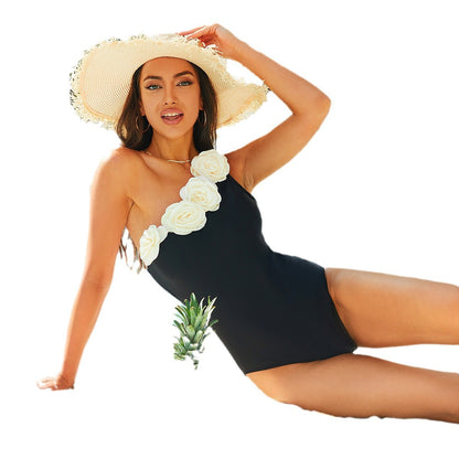 Just Arrived at Buy Center: Solid Color One-piece Flower Swimsuit