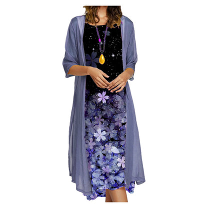 Just Arrived at Buy Center: Women's Dress Two-piece Set Flowers And Plants Printed Round Neck Dress And Coat