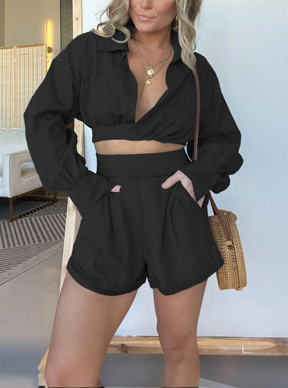 New Fashion Women's Wear Denim Shirt Deep V Long Sleeve Suit Black