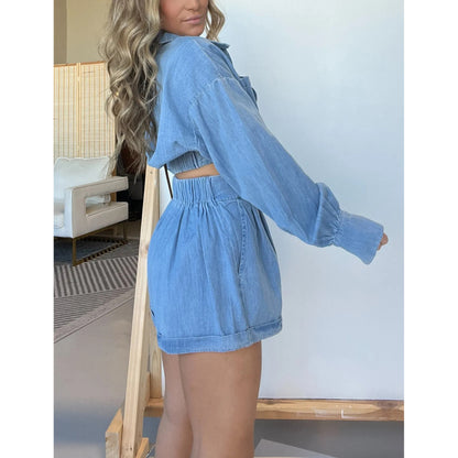 New Fashion Women's Wear Denim Shirt Deep V Long Sleeve Suit