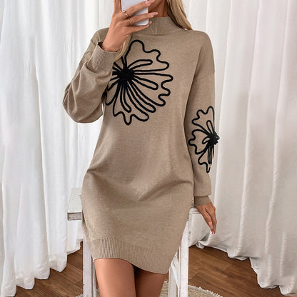 Half Turtleneck Flower Knitted Dress Sweater