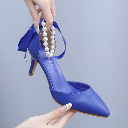 Fresh on the Scene at Buy Center: 7cm Mid Heel Rhinestone Beaded Ribbon Sandals Matte Soft PU Leather Dress Shoes For Women Sapphire Blue