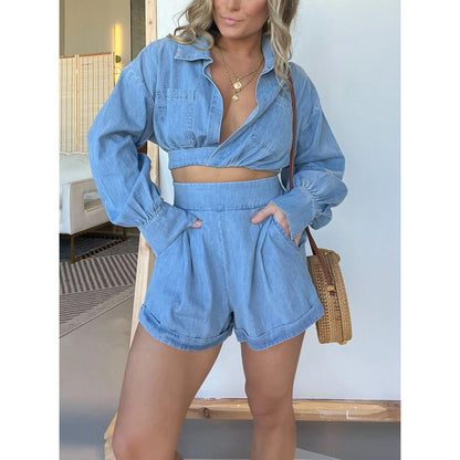 New Fashion Women's Wear Denim Shirt Deep V Long Sleeve Suit