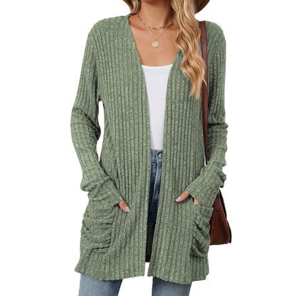 Just Arrived at Buy Center: Solid Color Pocket Long Sleeve Bottoming Cardigan Knitwear Army Green