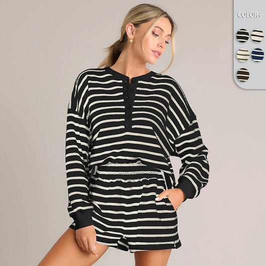 New Comfort And Casual Women's Long Sleeve Striped Collar Decorated With Buttons Shorts Suit