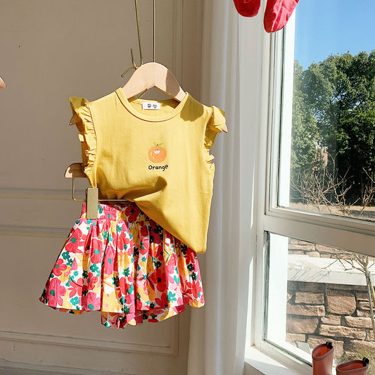 New at Buy Center: Flounced Sleeve Ruffled Short Sleeves Suit Floral Yellow