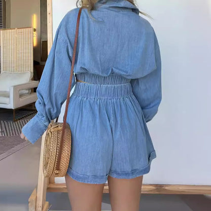 New Fashion Women's Wear Denim Shirt Deep V Long Sleeve Suit