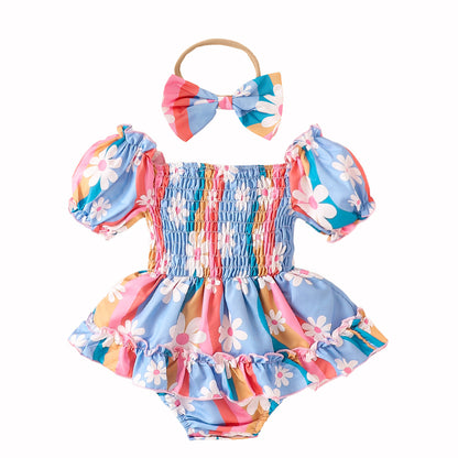 Fresh Arrivals at Buy Center: Bubble Sleeve Colorful Flower Romper Triangle Jumpsuit Lake Blue