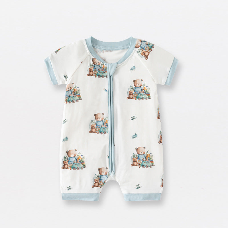 Hot New Items at Buy Center: Bamboo Fiber Baby Jumpsuit Short Sleeve Thin Romper Blue Bear