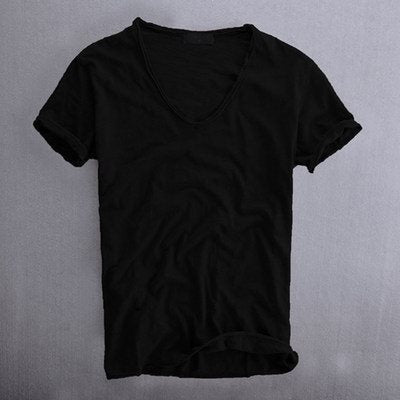 Newly Released at Buy Center: Simple Solid Color T-shirt Slub Cotton Men's Short-sleeved T-shirt Black V neck